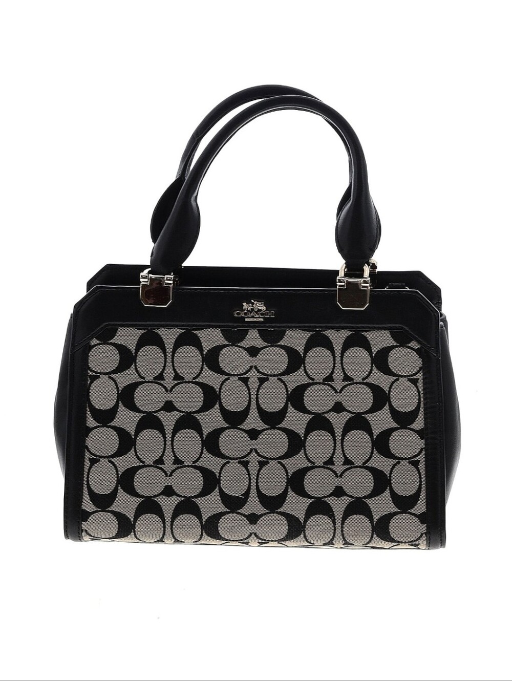 Coach Black and Cream Signature Satchel with Leather Handles